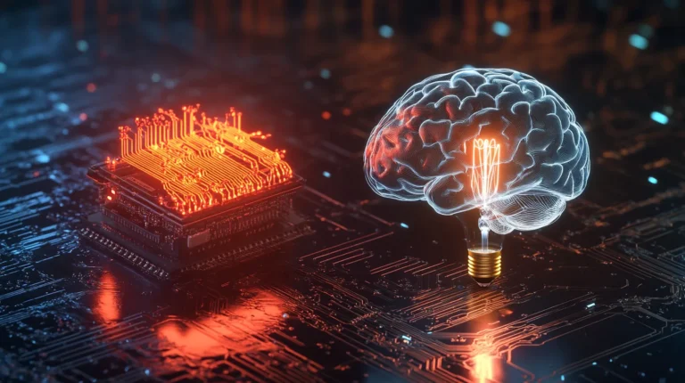 고전력으로 과열되는 기존 AI 반도체 칩과 20W 전구 수준의 초저전력 인간 뇌 신경망을 대조한 뉴로모픽 반도체 개념 그래픽