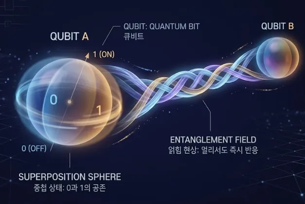 양자컴퓨터의 핵심 원리인 중첩 상태의 큐비트와 얽힘 현상을 시각화한 그래픽 다이어그램