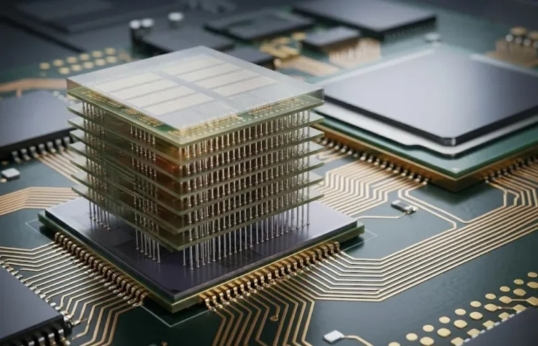 메인 기판 위 GPU 칩 바로 옆에 TSV 기술로 수직 적층되어 초고속 데이터 전송로(대역폭)를 형성하는 3D 고성능 HBM(고대역폭 메모리) 반도체의 정밀한 내부 단면 그래픽
