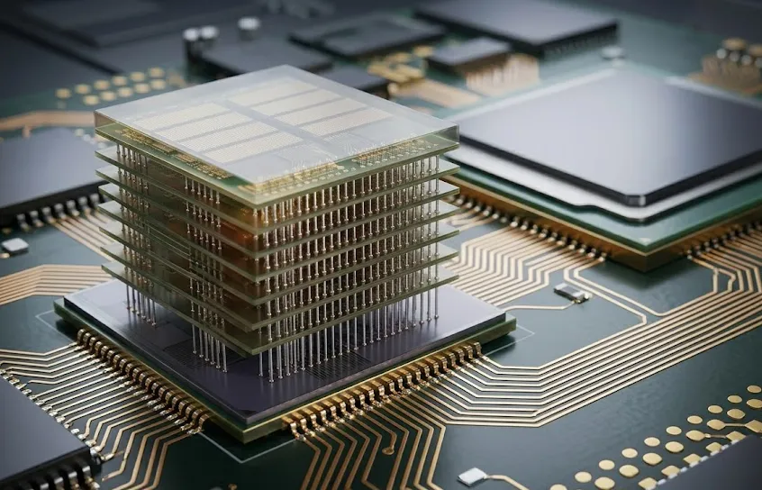 메인 기판 위 GPU 칩 바로 옆에 TSV 기술로 수직 적층되어 초고속 데이터 전송로(대역폭)를 형성하는 3D 고성능 HBM(고대역폭 메모리) 반도체의 정밀한 내부 단면 그래픽