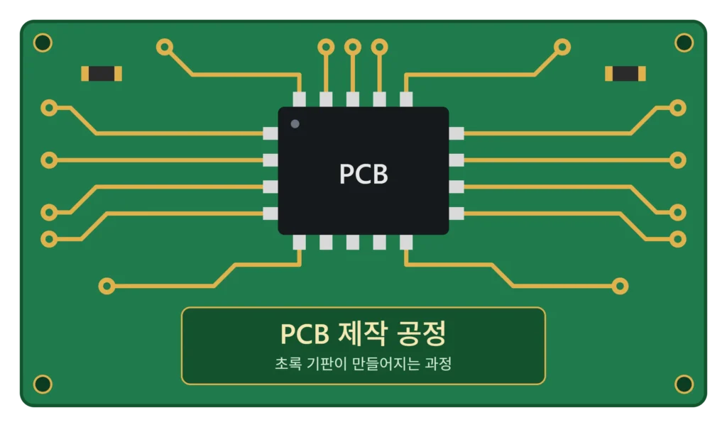 초록색 PCB 기판 위에 중앙 칩과 구리 배선이 연결된 모습과 PCB 제작 공정 문구