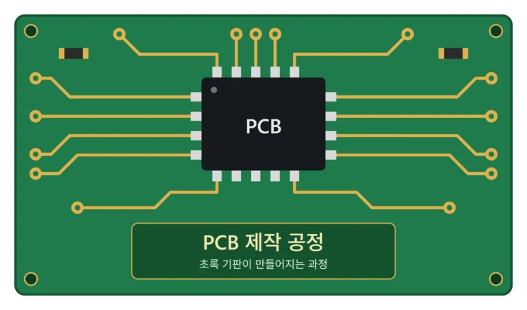 초록색 PCB 기판 위에 중앙 칩과 구리 배선이 연결된 모습과 PCB 제작 공정 문구