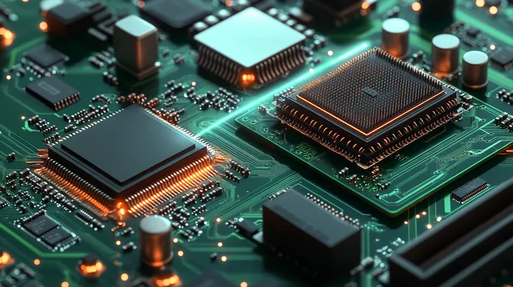 정교한 반도체와 전자소자가 실장되어 있는 PCB기판의 테크 그래픽
